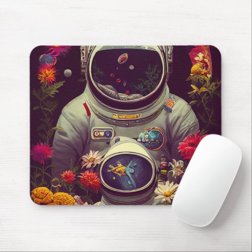 Colorful Astronauts in Space with Flowers Artwork Mouse Pad