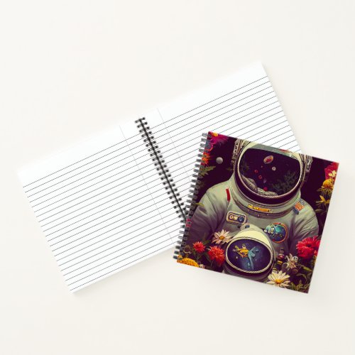 Colorful Astronauts in Space with Flowers Artwork Notebook