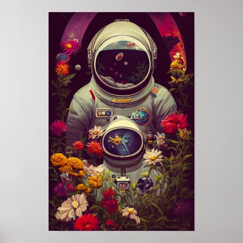 Colorful Astronauts in Space with Flowers Artwork Poster