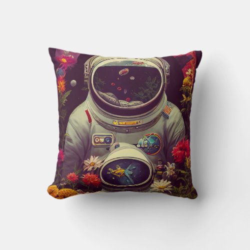 Colorful Astronauts in Space with Flowers Artwork Throw Pillow