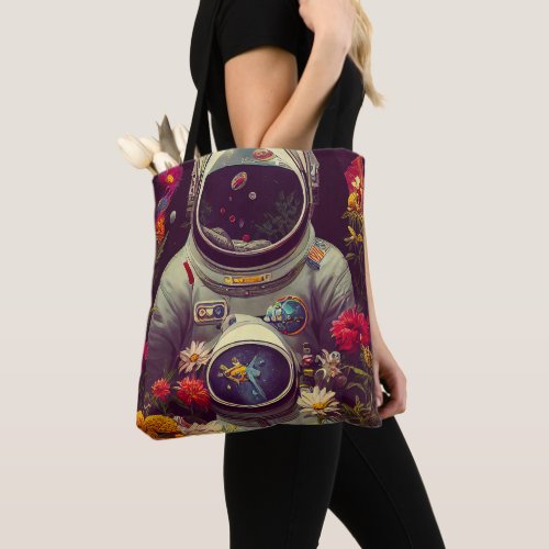 Colorful Astronauts in Space with Flowers Artwork Tote Bag