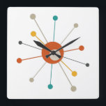 Colorful Atomic Age Starburst Mid Century Modern Square Wall Clock<br><div class="desc">This colorful mid century modern clock features an atomic starburst in teal blue,  yellow,  red,  tan,  and dark gray. So fun to add to your wall!</div>