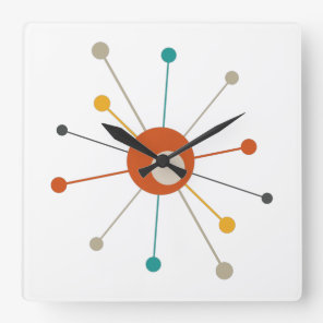 Colorful Atomic Age Starburst Mid Century Modern Square Wall Clock