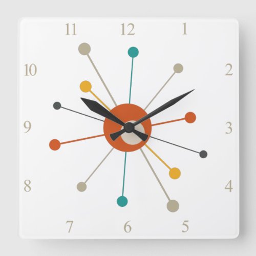 Colorful Atomic Age Starburst Numbers Mid Century Square Wall Clock