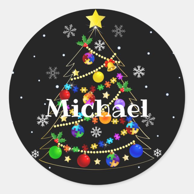 Colorful Autism Christmas Tree Classic Round Sticker (Front)