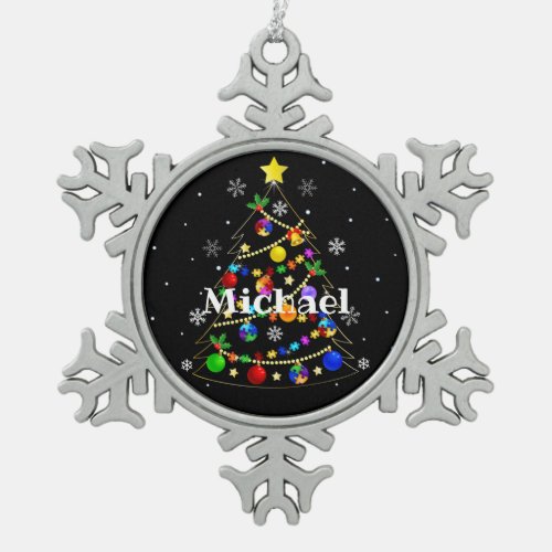 Colorful Autism Christmas Tree Snowflake Pewter Christmas Ornament