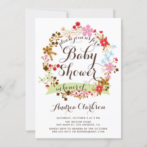 Whimsical Floral Wreath Baby Shower Invitation