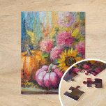 Colorful Autumn Floral and Pumpkins Jigsaw Puzzle<br><div class="desc">A vibrant, modern abstract painting showcasing a playful arrangement of pumpkins, sunflowers, and other fall foliage. Rich autumn hues like burnt orange, deep reds, pinks and golden yellows blend with soft brushstrokes and bold splashes of color. The abstract style adds a contemporary flair to the traditional fall harvest theme, capturing...</div>