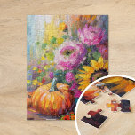 Colorful Autumn Floral and Pumpkins Jigsaw Puzzle<br><div class="desc">A vibrant, modern abstract painting showcasing a playful arrangement of pumpkins, sunflowers, and other fall foliage. Rich autumn hues like burnt orange, deep reds, pinks and golden yellows blend with soft brushstrokes and bold splashes of color. The abstract style adds a contemporary flair to the traditional fall harvest theme, capturing...</div>