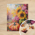 Colorful Autumn Floral and Pumpkins Jigsaw Puzzle<br><div class="desc">A vibrant, modern abstract painting showcasing a playful arrangement of pumpkins, sunflowers, and other fall foliage. Rich autumn hues like burnt orange, deep reds, pinks and golden yellows blend with soft brushstrokes and bold splashes of color. The abstract style adds a contemporary flair to the traditional fall harvest theme, capturing...</div>