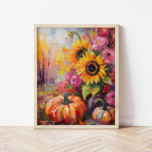 Colorful Autumn Floral and Pumpkins Poster