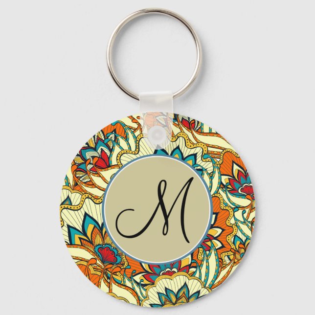 Colorful Autumn Floral Pattern Monogrammed Keychain (Front)