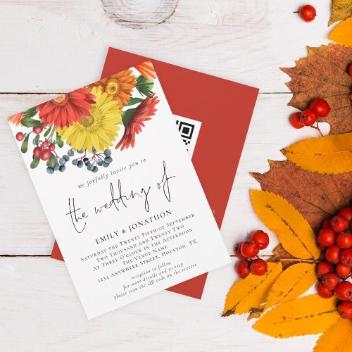 Colorful Autumn Florals QR Code Wedding Invitation