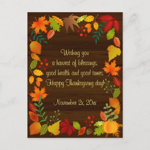 Colorful Autumn Foliage For Thanksgiving Invitation Postcard