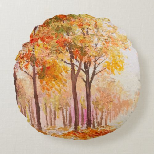 Colorful Autumn Forest Oil Landscape Round Pillow