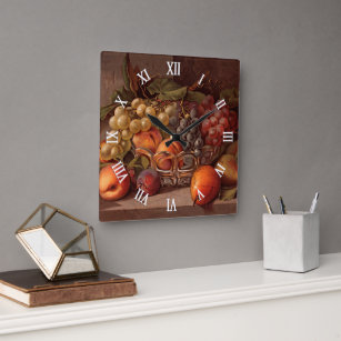 Colorful Autumn Fruit Antique Still Life Painting Square Wall Clock