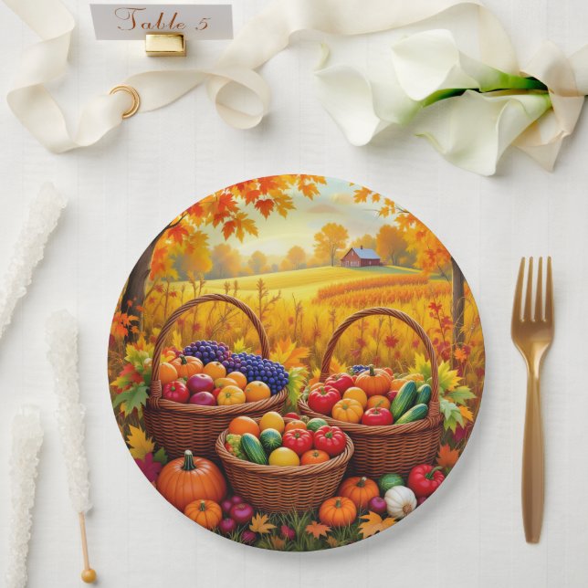 Colorful Autumn Harvest Baskets Paper Plates (Wedding)