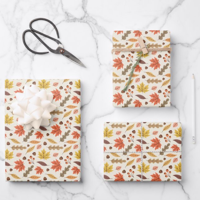 Colorful Autumn Leaf Fall Pattern Wrapping Paper Sheets (Front)