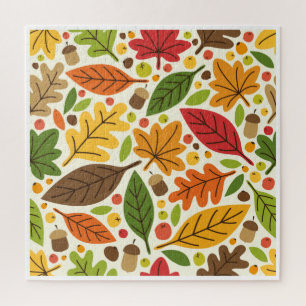 Colorful Autumn Leaves and Acorns Pattern Jigsaw Puzzle
