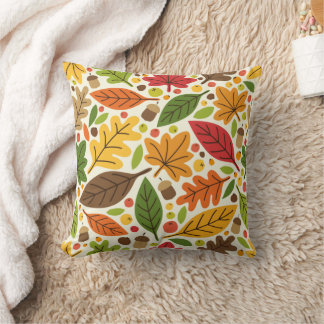 Colorful Autumn Leaves and Acorns Pattern Throw Pillow