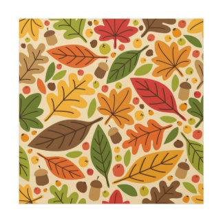 Colorful Autumn Leaves and Acorns Pattern Wood Wall Art