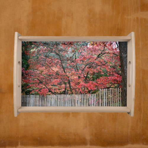 Colorful Autumn Leaves and Bamboo Fence Serving Tray