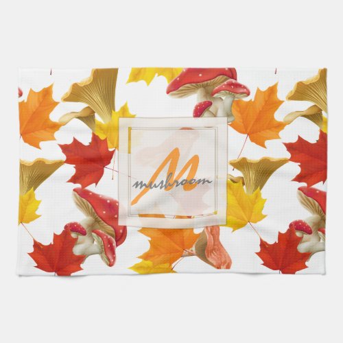 Colorful Autumn Leaves and Mushrooms Monogram Kitchen Towel