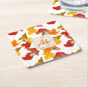 Colorful Autumn Leaves and Mushrooms Monogram Square Paper Coaster