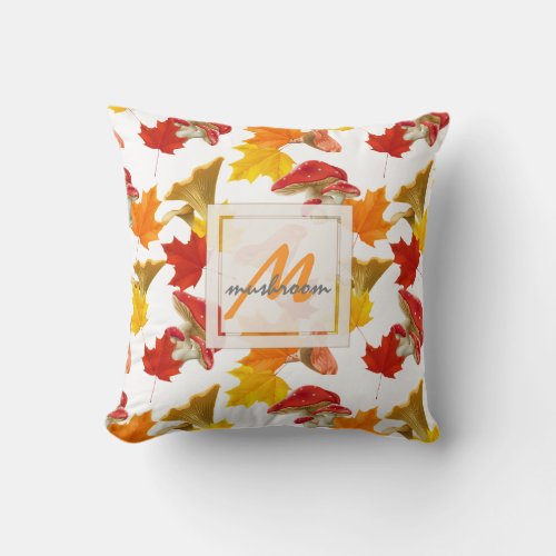 Colorful Autumn Leaves and Mushrooms Monogram Throw Pillow