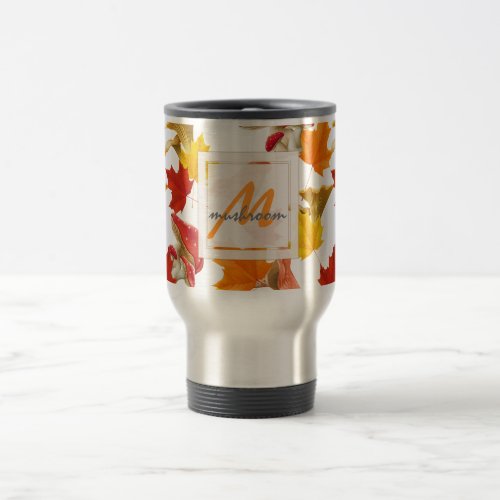 Colorful Autumn Leaves and Mushrooms Monogram Travel Mug