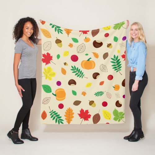 Colorful Autumn Leaves Berries Pumpkin Pattern Fleece Blanket