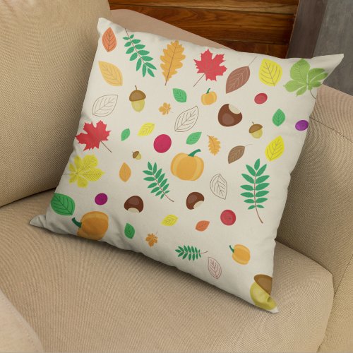 Colorful Autumn Leaves Berries Pumpkin Pattern Throw Pillow