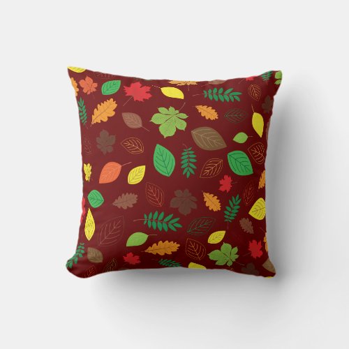 Colorful Autumn Leaves Burgundy Pattern Throw Pillow