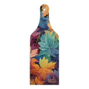 Colorful Autumn Leaves Custom Monogram Cutting Board