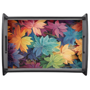 Colorful Autumn Leaves Custom Monogram Serving Tray