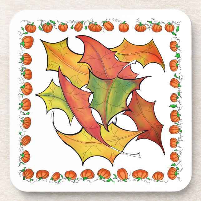 Colorful Autumn Leaves Fall Pumpkins Beverage Coaster (Front)