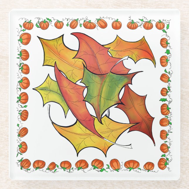 Colorful Autumn Leaves Fall Pumpkins Glass Coaster (Front)