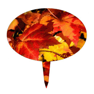 Colorful Autumn Leaves, gold red orange maple leaf Cake Topper
