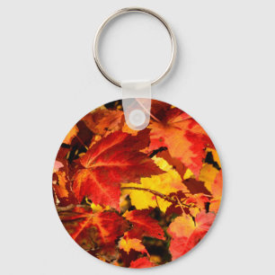 Colorful Autumn Leaves, gold red orange maple leaf Keychain