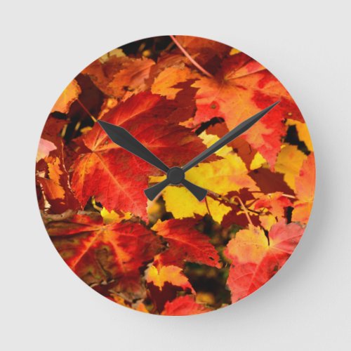 Colorful Autumn Leaves gold red orange maple leaf Round Clock