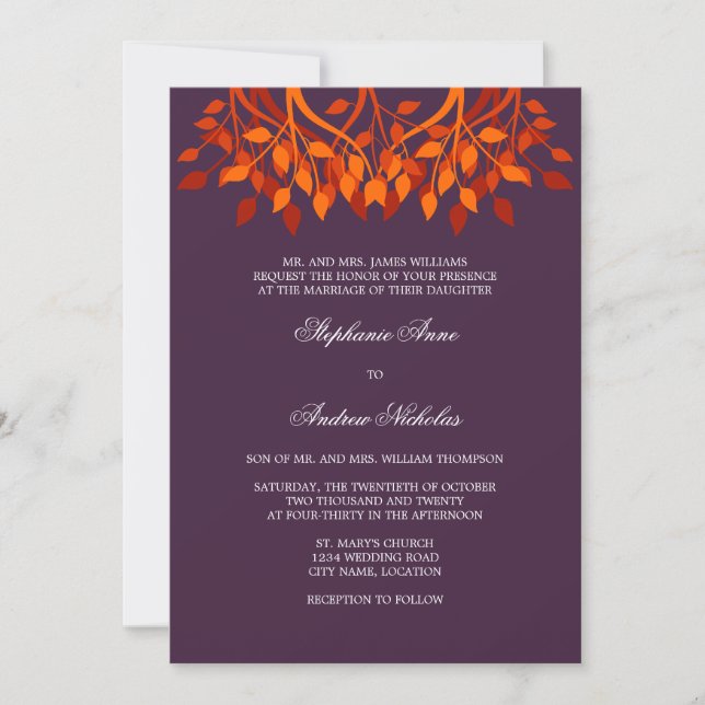 Colorful Autumn Leaves Monogram Wedding Invitation (Front)