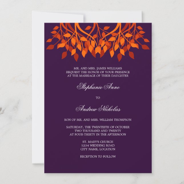 Colorful Autumn Leaves Monogram Wedding Invitation (Front)