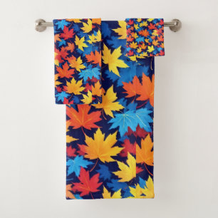 Colorful Autumn Leaves On Dark Blue Background Bath Towel Set