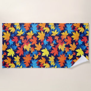 Colorful Autumn Leaves On Dark Blue Background Beach Towel