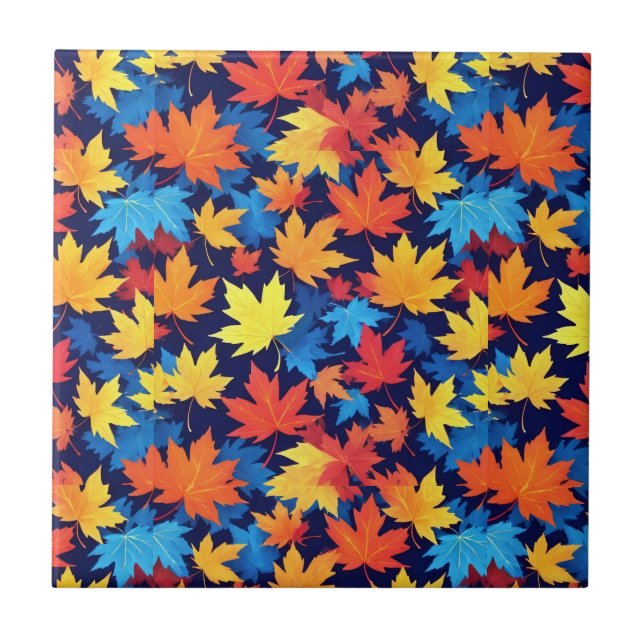 Colorful Autumn Leaves On Dark Blue Background Ceramic Tile (Front)