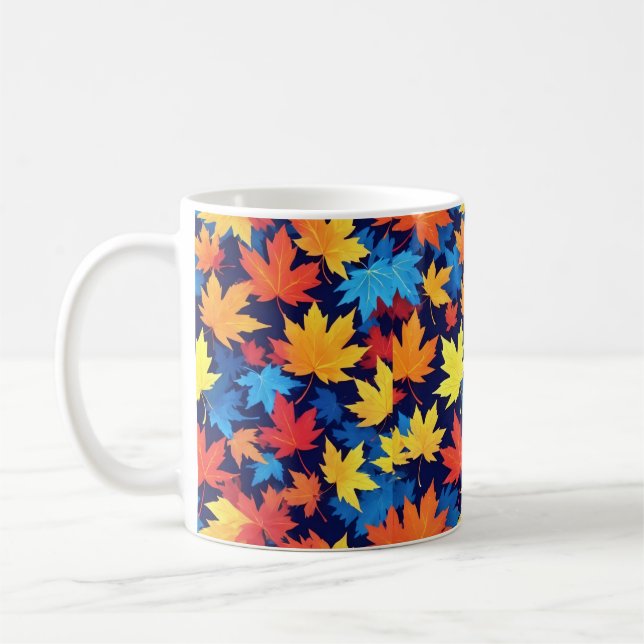 Colorful Autumn Leaves On Dark Blue Background Coffee Mug (Left)