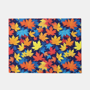 Colorful Autumn Leaves On Dark Blue Background Doormat