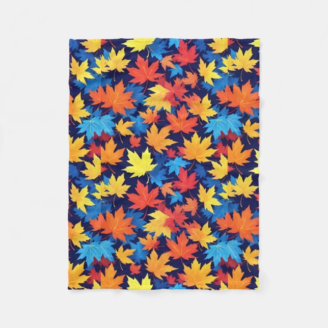 Colorful Autumn Leaves On Dark Blue Background Fleece Blanket (Front)