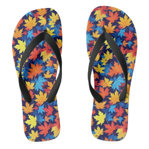 Colorful Autumn Leaves On Dark Blue Background Flip Flops