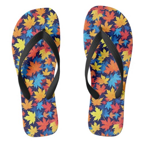 Colorful Autumn Leaves On Dark Blue Background Flip Flops